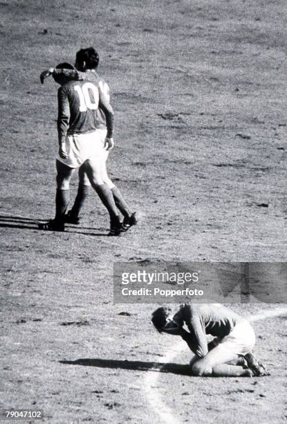 World Cup Final Wembley, England, 30th July, 1966 England 4 v West Germany 2, England's Jack Charlton falls to his knees in relief as teammate Geoff...
