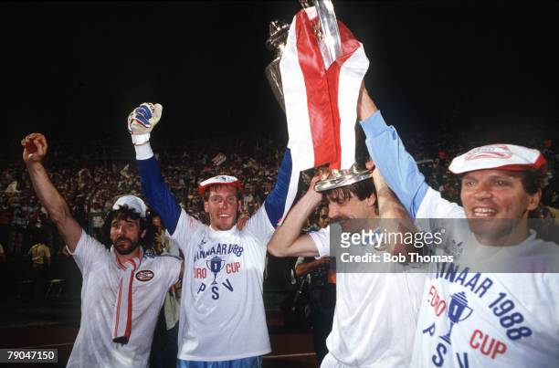 Football, European Cup Final, Stuttgart, West Germany, 25th May 1988, Benfica 0 v PSV Eindhoven 0 , PSV's L-R: Eric Gerets , Hans Van Breukelen, Ivan...