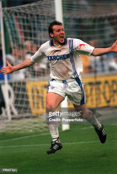 Football, UEFA Cup Final, Second Leg, Milan, Italy, 21st May 1997, Inter Milan 1 v Schalke 04 0 , Schalke's Marc Wilmots celebrates after scoring the...