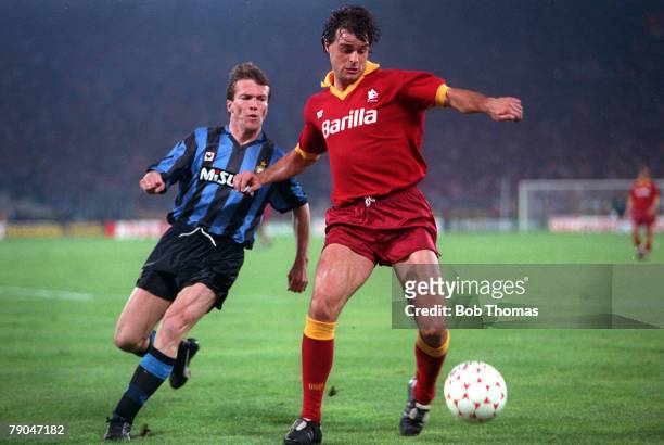 Football, UEFA Cup Final, Second Leg, Rome, Italy, 22nd May 1991, Roma 1 v Inter Milan 0 , Roma's Thomas Berthold is about to be challenged by...