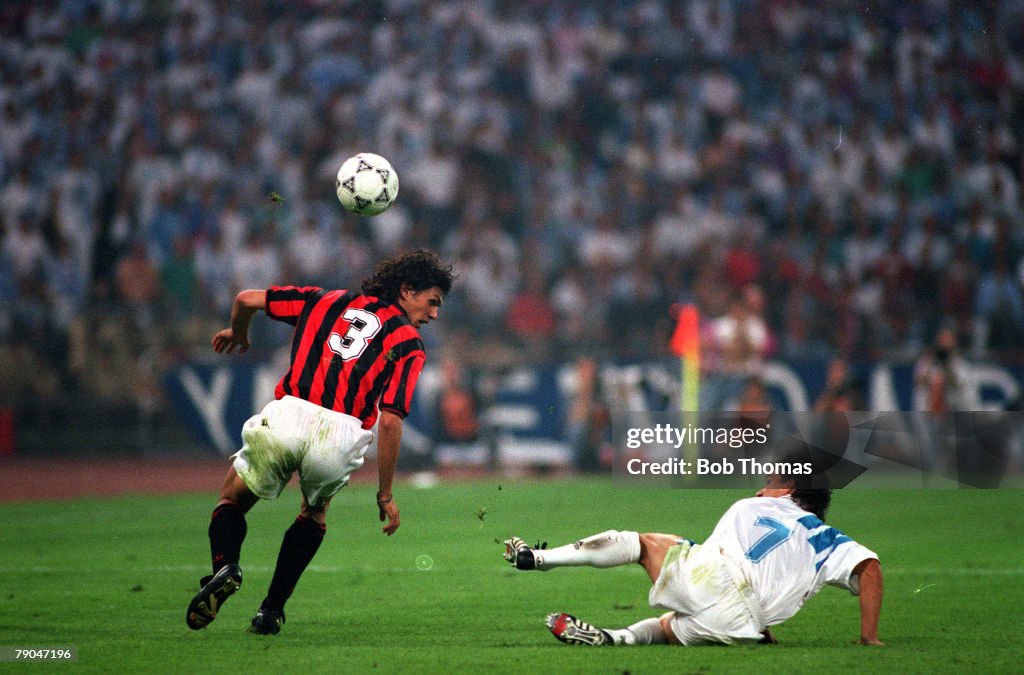 Football. UEFA Champions League Final. Munich, Germany. 26th May 1993. Marseille 1 v AC Milan 0. AC Milan's Paolo Maldini with Marseille's Jean-Jacques Eydelie.