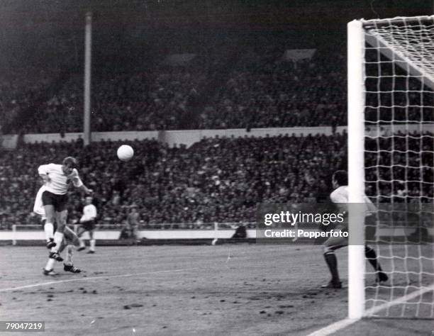 World Cup Finals Wembley Stadium, England, 20th July England 2 v France 0, England's Roger Hunt leaps off the ground as he head's his side's second...