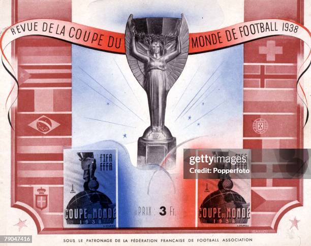 World Cup Finals France, Cover illustration from a souvenir brochure, featuring the Jules Rimet trophy, which was won by Italy who defeated Hungary...