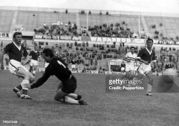 World Cup Finals, Stockholm, Sweden, 17th June Hungary 1 v Wales 2, Hungarian goalkeeper Gyula Groscics dives but cannot stop Wales' Medwin from...