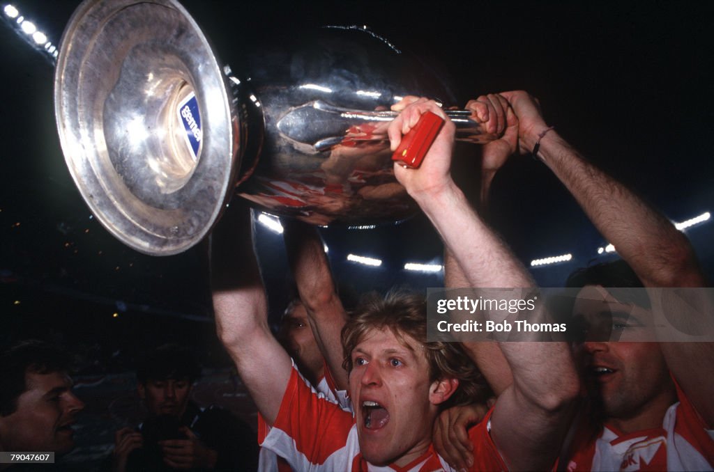 Football. European Cup Final. Bari, Italy. 29th May 1991. Marseille 0 v Red Star Belgrade 0 (after extra time, Red Star win 5-3 on penalties). Red Star Belgrade's Robert Prosinecki holds the trophy aloft as he celebrates with his team-mates.