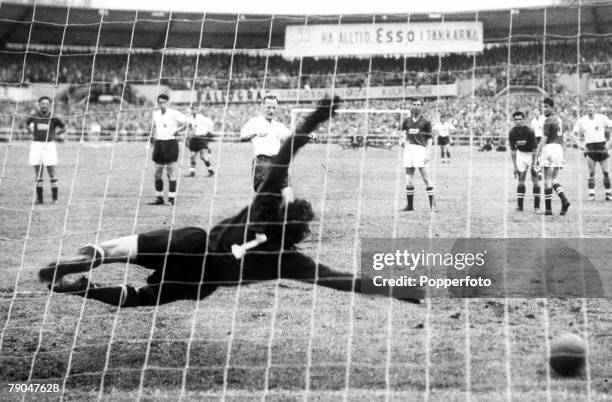 World Cup Finals Gothenburg, Sweden, 8th June England 2 v Soviet Union 2, England's Tom Finney strikes his penalty kick past diving Soviet goalkeeper...