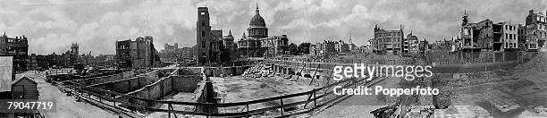 World War II, Bomb damage, London, England, pic: circa : late 1940's, The dome of St,Paul's Cathedral stands out defiant amongst all the destruction...