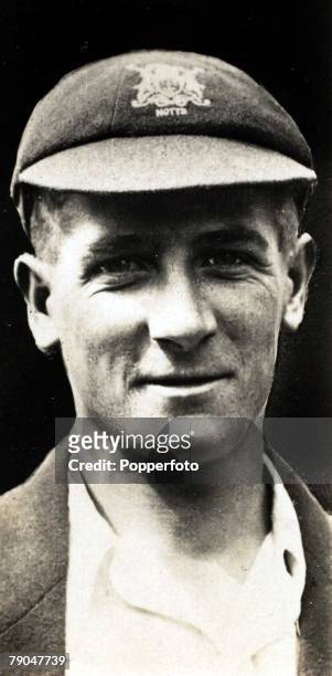 Sport, Cricket,Cigarette card, Circa 1925, Harold Larwood, Nottinghamshire, and England, Larwood was England's main strike bowler on the infamous...