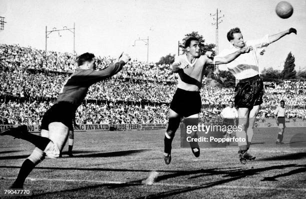 World Cup Quarter-Final Basle, Switzerland,26th June Uruguay 4 v England 2, England's Tom Finney wins the ball in the air during an England attack,...