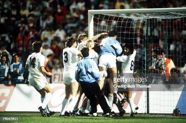 Football, European Cup Final, Stuttgart, West Germany, 25th May 1988, Benfica 0 v PSV Eindhoven 0 , PSV players leap onto goalkeeper Hans Van...