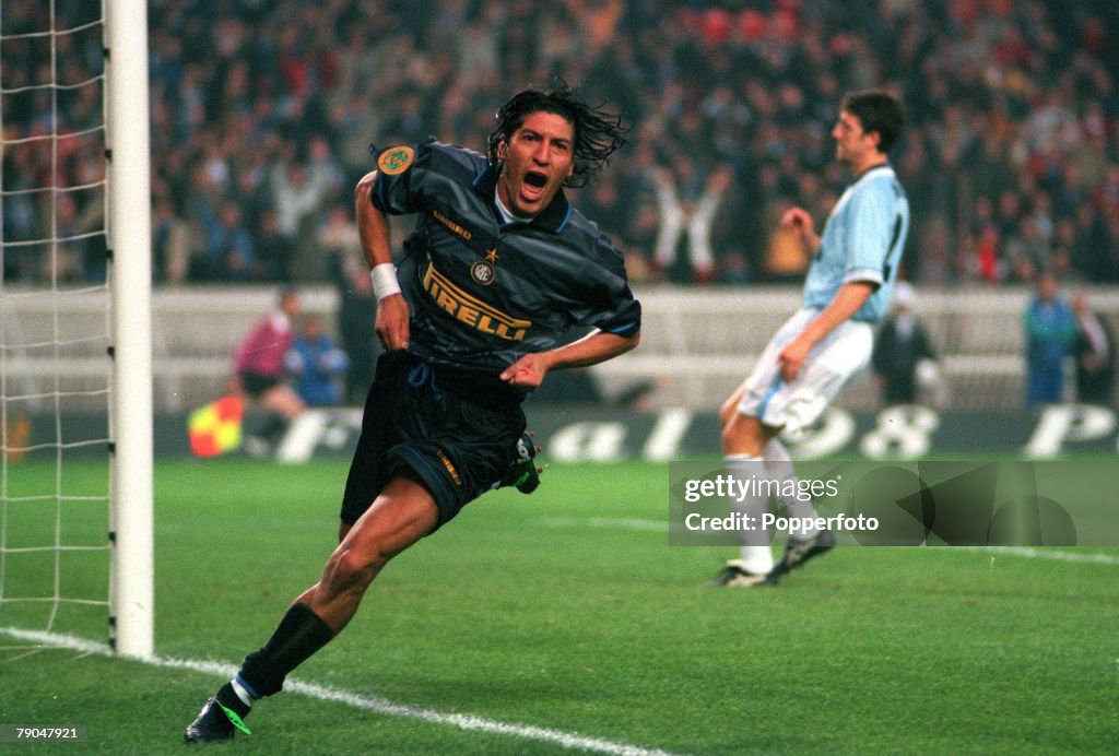 Football. UEFA Cup Final. Paris, France. 6th May 1998. Inter Milan 3 v Lazio 0. Inter Milan's Ivan Zamorano runs away to celebrate after scoring the first goal.