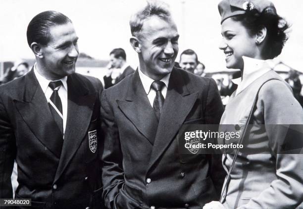 World Cup Finals, Brazil, England captain Billy Wright, centre, and Stan Mortensen before they fly to Rio de Janeiro for the finals