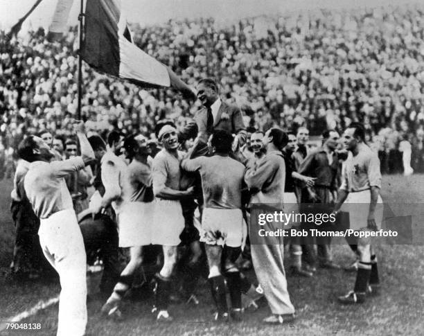 World Cup Final, Rome, Italy, Italy 2 v Czechoslovakia 1, 10th June The victorious Italian team carry their coach Vittorio Pozzo as they celebrate an...