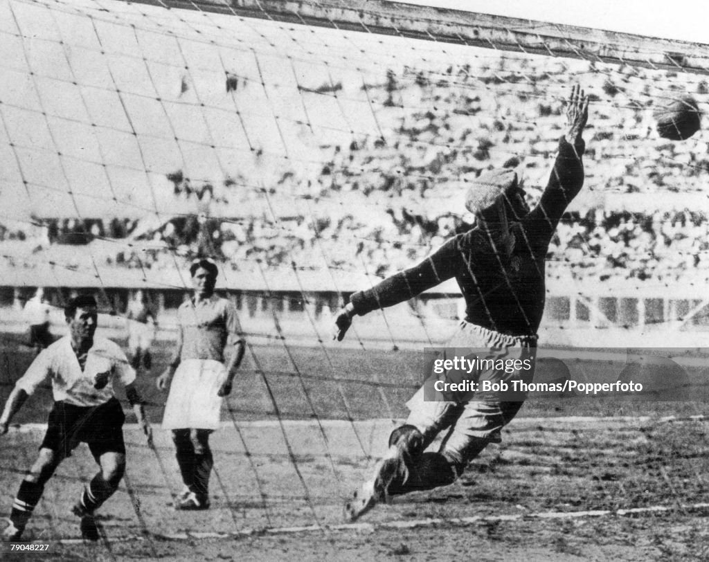 World Cup Finals, 1934. Turin, Italy. 27th May, 1934. Austria 3 v France 2. French goalkeeper Thepot is unable to prevent Austria's winning goal scored by Bican.