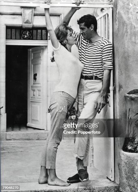Film, St Tropez, France, 9th July 1960, French film director Roger Vadim and his second wife Annette Stroyberg at their villa