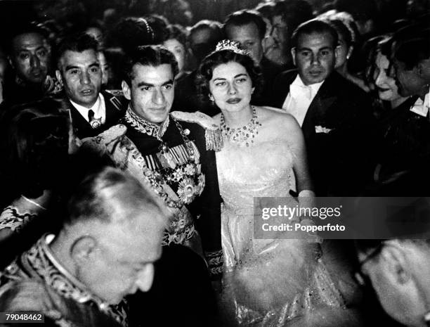 Iran , Royalty, pic: February 1951, The Shah of Iran, Muhammad Reza Pahlavi, , pictured with his second wife Soraya after their marraige ceremony in...