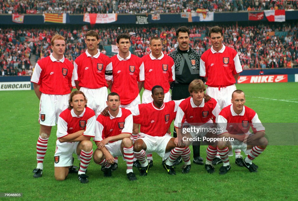 Football. UEFA Cup Winners Cup Final. Paris, France. 10th May 1995. Arsenal 1 v Real Zaragoza 2 (after extra time). The Arsenal team line-up together for a group photograph prior to the match. Back Row L-R: John Hartson, Tony Adams, Martin Keown, Paul Mer