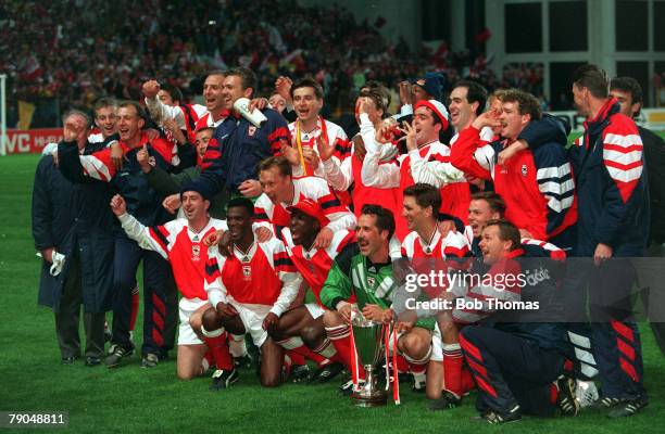 Football, UEFA Cup Winners Cup Final, Copenhagen, Denmark, 4th May 1994, Arsenal 1 v Parma 0, The Arsenal players and officials celebrate with the...