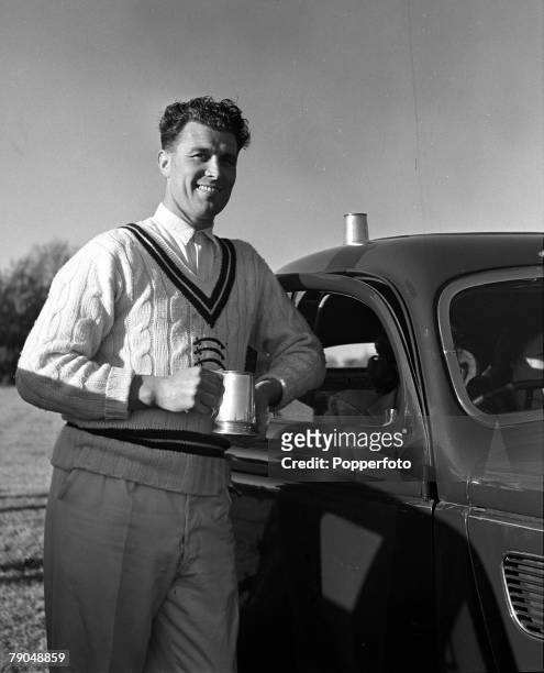 Cricket England, A picture of the Middlesex cricketer and Arsenal and England footballer Leslie Compton, enjoying a tankard of beer during his...