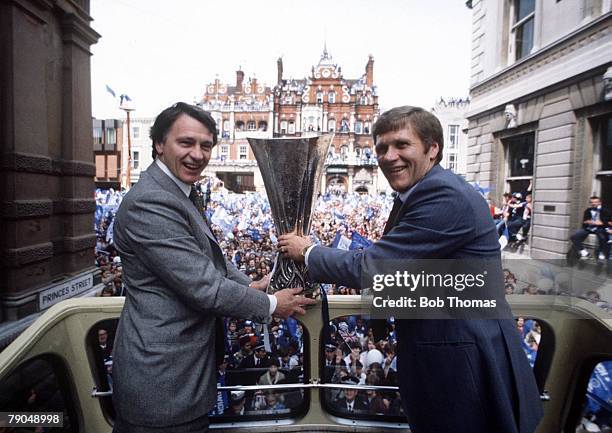 Sport Football Ipswich, England, UEFA Cup winners Ipswich Town parade through the town on an open-top bus with the trophy, Shown here are manager...