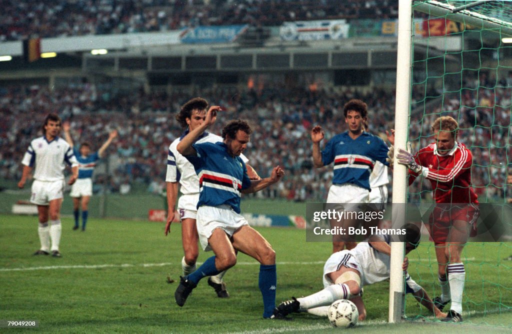 Football. UEFA Cup Winners Cup Final. Gothenburg, Sweden. 10th May 1990. Sampdoria 2 v Anderlecht 0 (after extra time). Sampdoria's Pietro Vierchowod watches his shot go narrowly wide of the post.