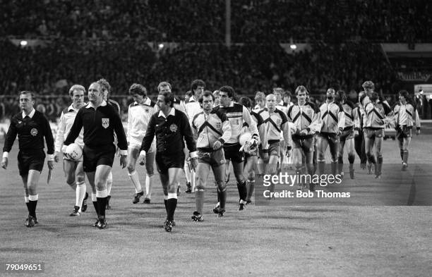 Football, International Friendly, Wembley, England 1 v West Germany 2, 13th October 1982, England captain Ray Wilkins leads out the team before the...