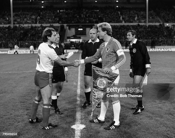 Football, International Friendly, Wembley, England 1 v West Germany 2, 13th October 1982, England captain Ray Wilkins shakes hands with West German...