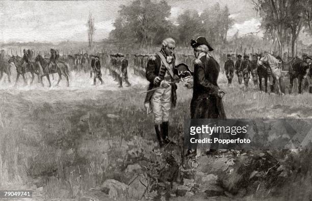 War and Conflict, Illustration, American War of Independence, Battle of Saratoga, 17th October 1777, British General Sir John Burgoyne presenting his...