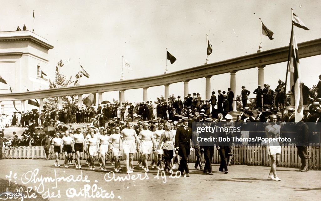 Sport. 1920 Olympic games. Antwerp, Belgium. A picture of the opening ceremony, showing the team of athletes from Finland as they enter the arena.