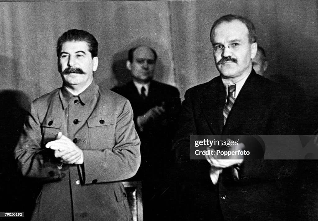 Soviet leader Josef Stalin with Vyacheslav Mikhailovich Molotov who was Foreign Minister.