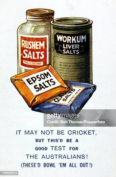 Sport, Cricket, Circa 1930, Postcard illustration advertising Epsom salts with reference to the Australian touring team