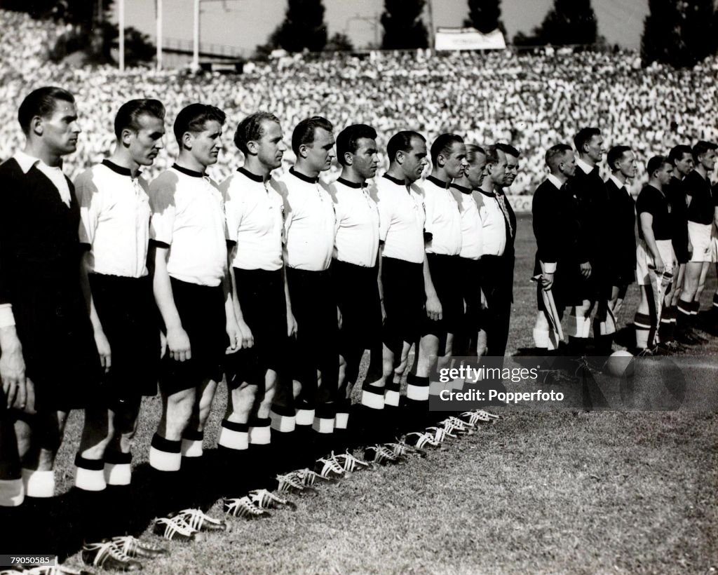 Sport. Football. FIFA World Cup Finals. Basle, Switzerland. 20th June 1954. Group Two. Hungary 8 v Germany 3. The German team line up before their group match.