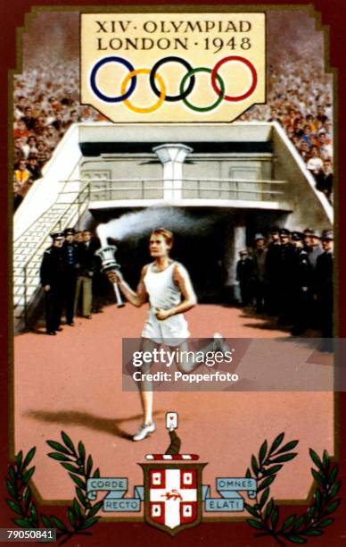 Sport, 1948 Olympic Games, London, England, An artists impression depicting the arrival of the Olympic torch at Wembley stadium during the opening...
