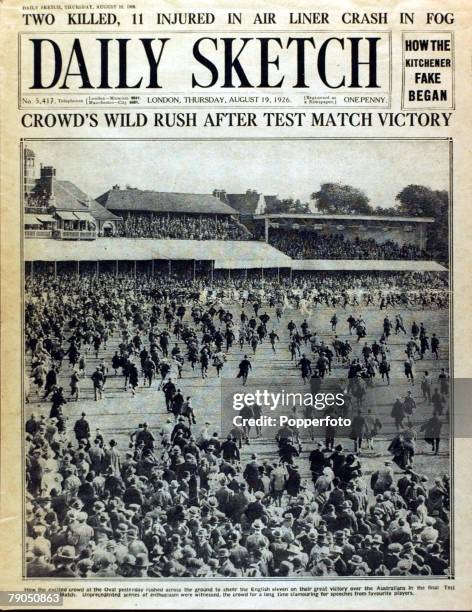 Sport, Cricket, The Ashes, 5th Test Match, The Oval, August 1926, England v Australia, Front page of the Daily Sketch Newspaper for 19th August 1926...