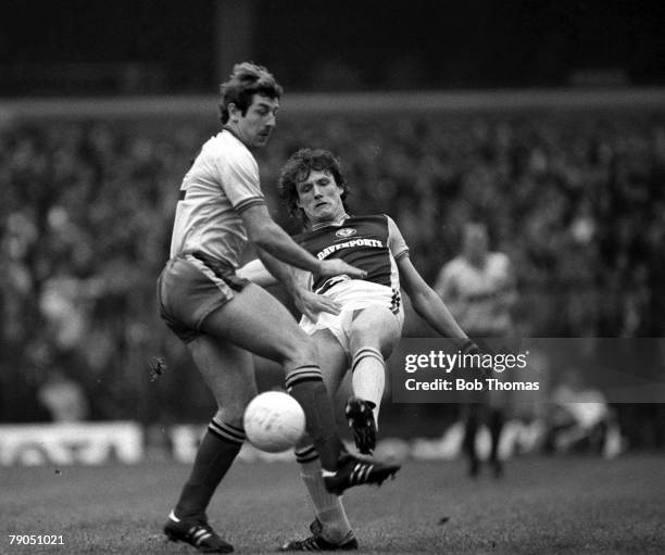 Football, English League Division One, 16th October 1982, Aston Villa 3 v Watford 0, Aston Villa's Allan Evans plays the ball past Watford's Gerry...