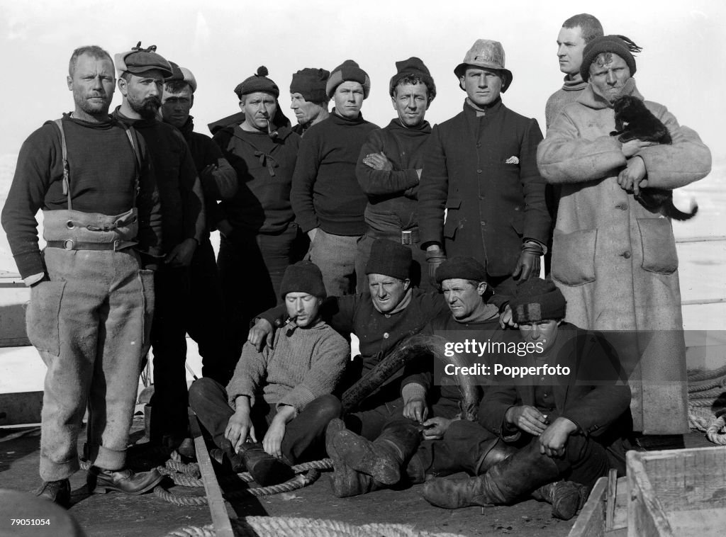 H.G Ponting. Captain Scott+s Antarctic Expedition 1910 - 1912. 28th December, 1910. A group of the crew members pose for a group photograph on board the "Terra Nova" ship.