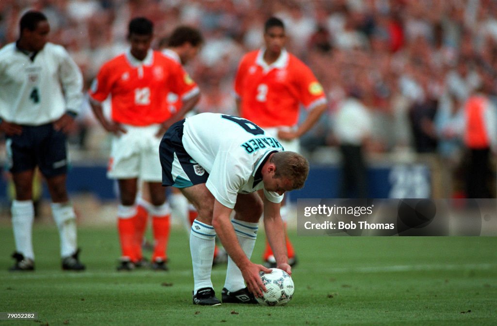 Sport, Football, European Championships, 18th. June 1996, (WEMBLEY). England 4 v 1 Holland. England's Alan Shearer places the ball on the penalty spot.