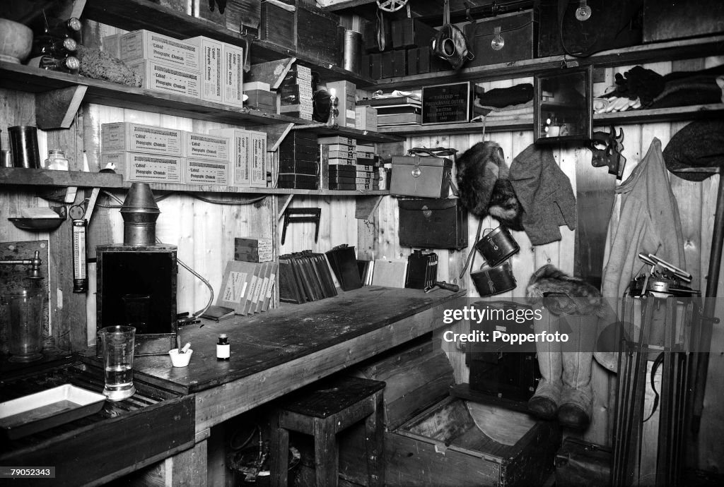 H.G Ponting. Captain Scott+s Antarctic Expedition 1910 - 1912. 24th March, 1911. An interior view showing the darkroom of photographer Herbert Ponting.