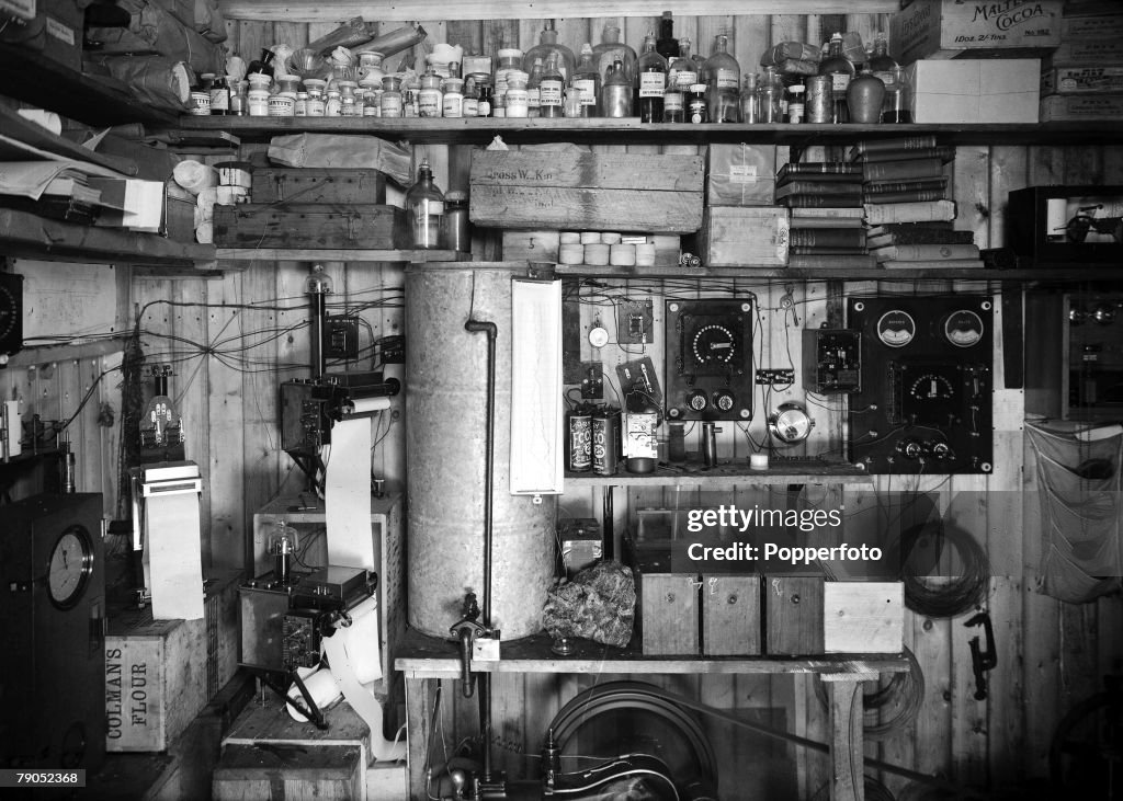 H.G Ponting. Captain Scott+s Antarctic Expedition 1910 - 1912. 31st March, 1911. An interior view of Simpson's laboratory in a wooden hut.