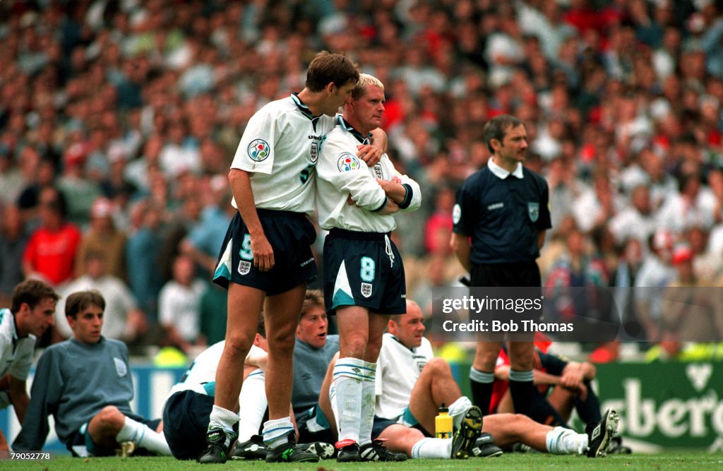 Sport, Football, European Championships, 22nd. June 1996. ( WEMBLEY). England beat Spain, 4-2 on penalties. (AET). England's Tony Adams tries to encourage team-mate Paul Gascoigne.