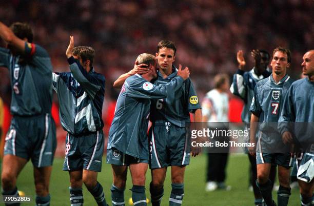 Sport, Football, European Championships, 26th, June 1996, ,Germany beat England, 6-5 on penalties,- , Paul Gascoigne consoles his England team-mate...