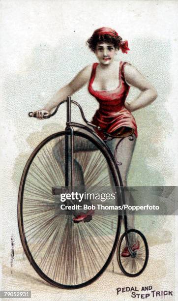 Classic Collection, Page 109 Colour illustration of a woman wearing a small red outfit and riding a penny farthing bicycle, American cigarette card...