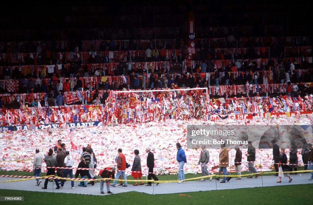 22nd APRIL 1989. F.A Cup Semi Final. Hillsborough, Sheffield. Liverpool v Nottingham Forest. A sea of flowers on the Anfield pitch, in memory of the Liverpool fans who died at Hillsborough.