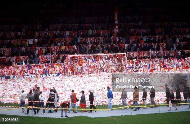 22nd APRIL 1989, F,A Cup Semi Final, Hillsborough, Sheffield, Liverpool v Nottingham Forest, A sea of flowers on the Anfield pitch, in memory of the...