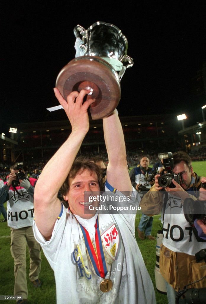 UEFA Cup Winners Cup Final. 13th MAY 1998. Stockholm, Sweden. Chelsea 1 v Stuttgart 0. Chelsea's goalscorer Gianfranco Zola holds aloft the European cup Winners Cup trophy after Chelsea beat Stuttgart 1-0.