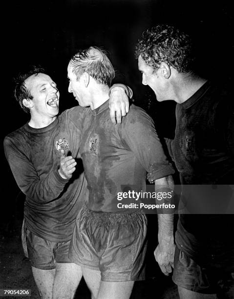 29th MAY 1968, European Cup Final Wembley, London, Manchester United v Benefica , Manchester United's captain Bobby Charlton is hugged by Nobby...