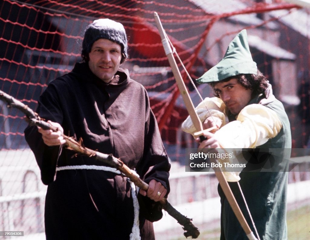 Liverpool's Kevin Keegan and John Toshack dress up as Robin Hood and Friar Tuck.