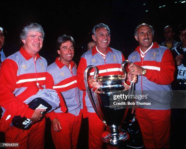 Rome, Italy, European Cup Final, Liverpool v AS Roma , Liverpool management team celebrate victory at the end, : Chris Lawler, Roy Evans, Manager Joe...