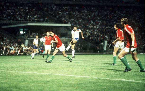 6th JUNE 1981, 1982 World Cup Qualifier, Hungary, Hungary 1 v England 3, England's Trevor Brooking drives in his team's second goal past Hungarian...