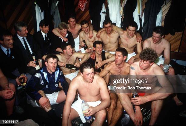 17th March 1990, Calcutta Cup, Rugby Union International, Murrayfield, Scotland 13 v England 7, The Scottish team celebrate their victory over the...